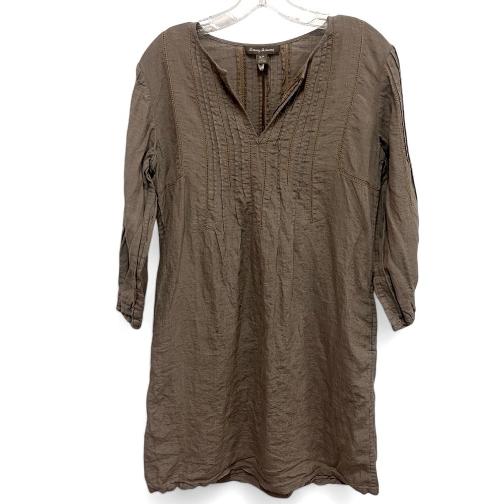 Tommy Bahana linen eyelet sample dress with long sleeves khaki tan color small